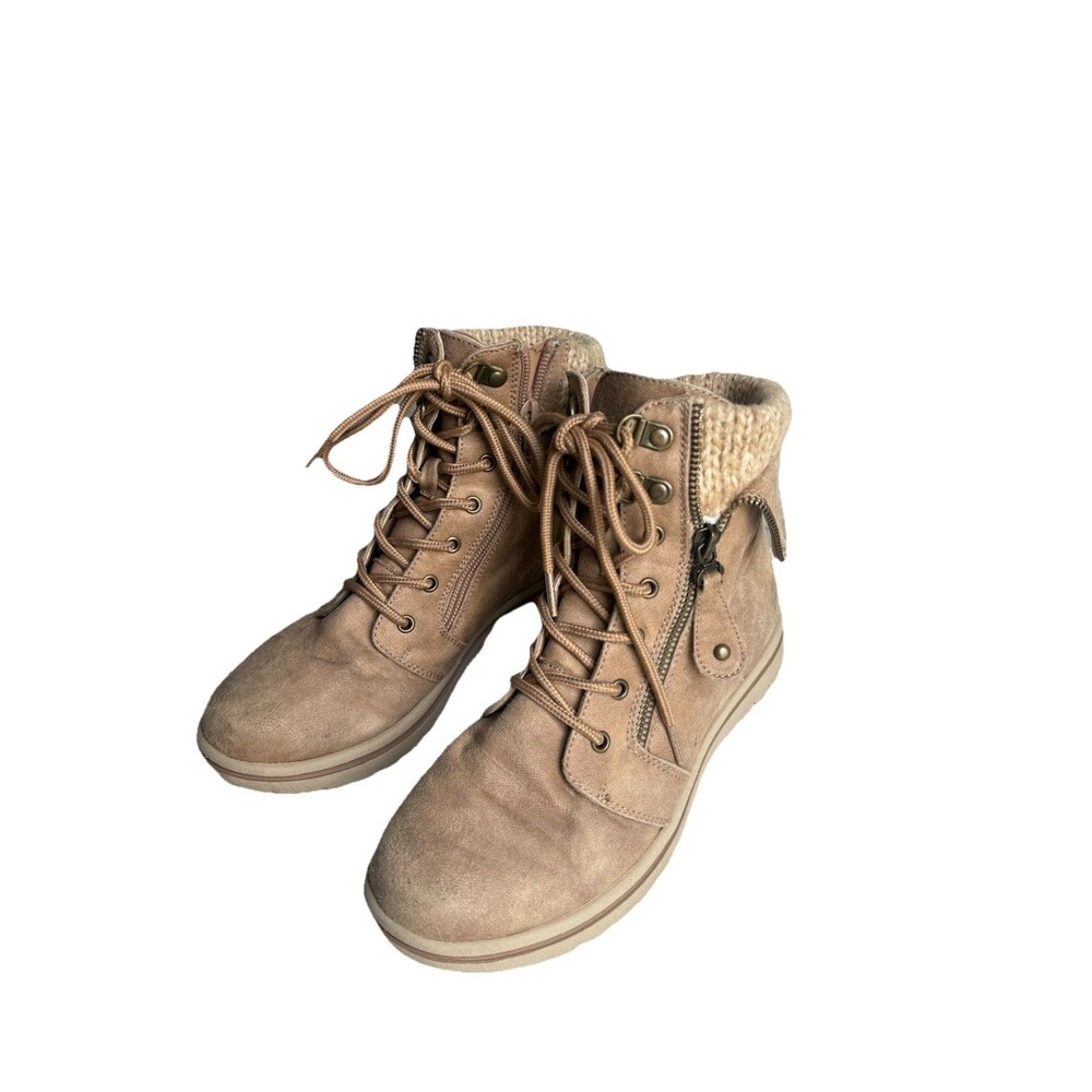 Beige Seude Lace Up Booties W/ Sweater Knit & Faux Zipper Detail Outdoor